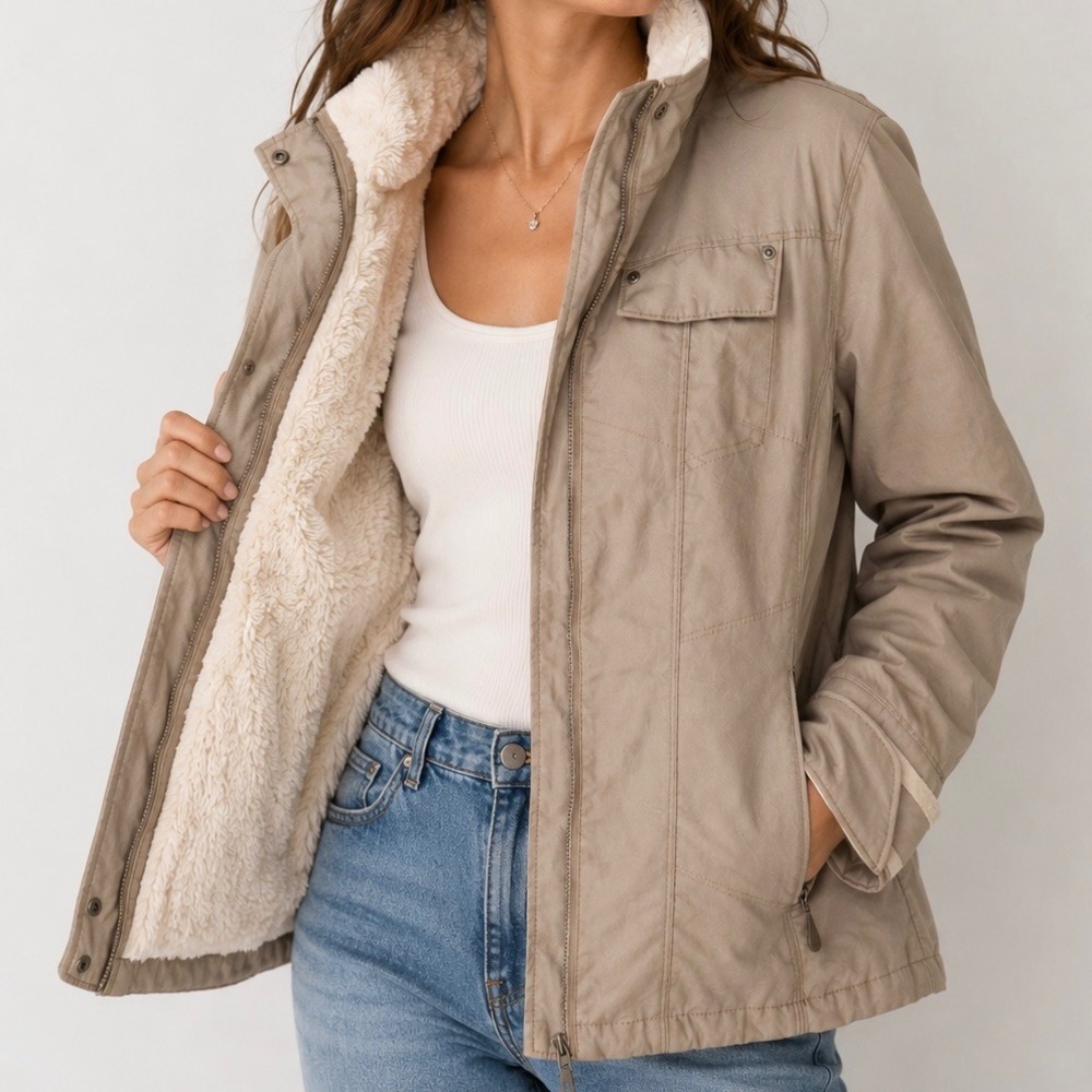 Columbia Titanium Herringbone Jacket Tan Faux Fur Lined Zip Winter Coat Medium